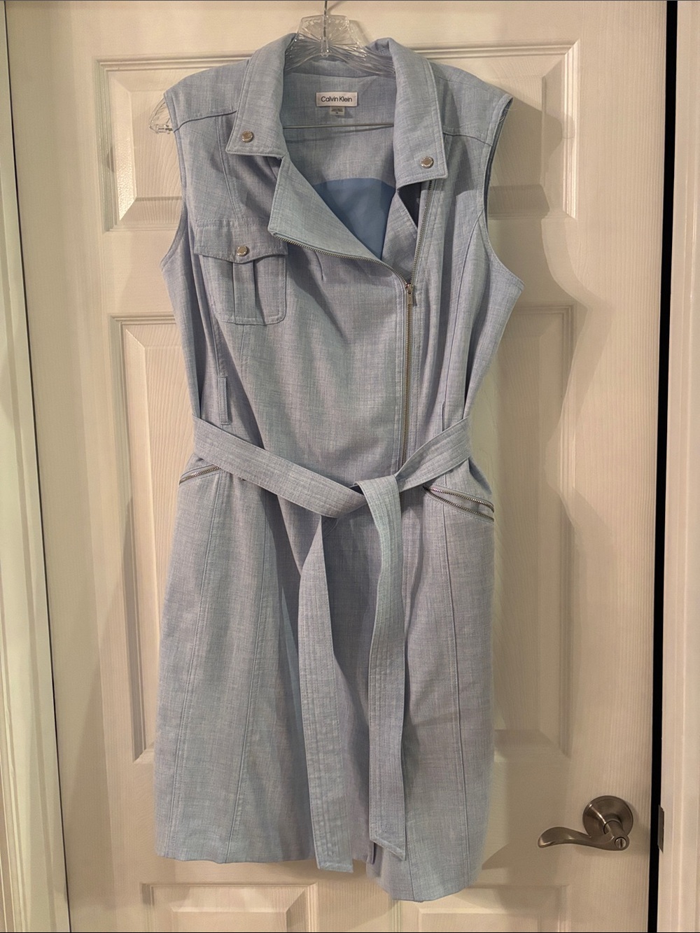 Calvin Klein Pale Blue Sleeveless Belted Shirt Dress